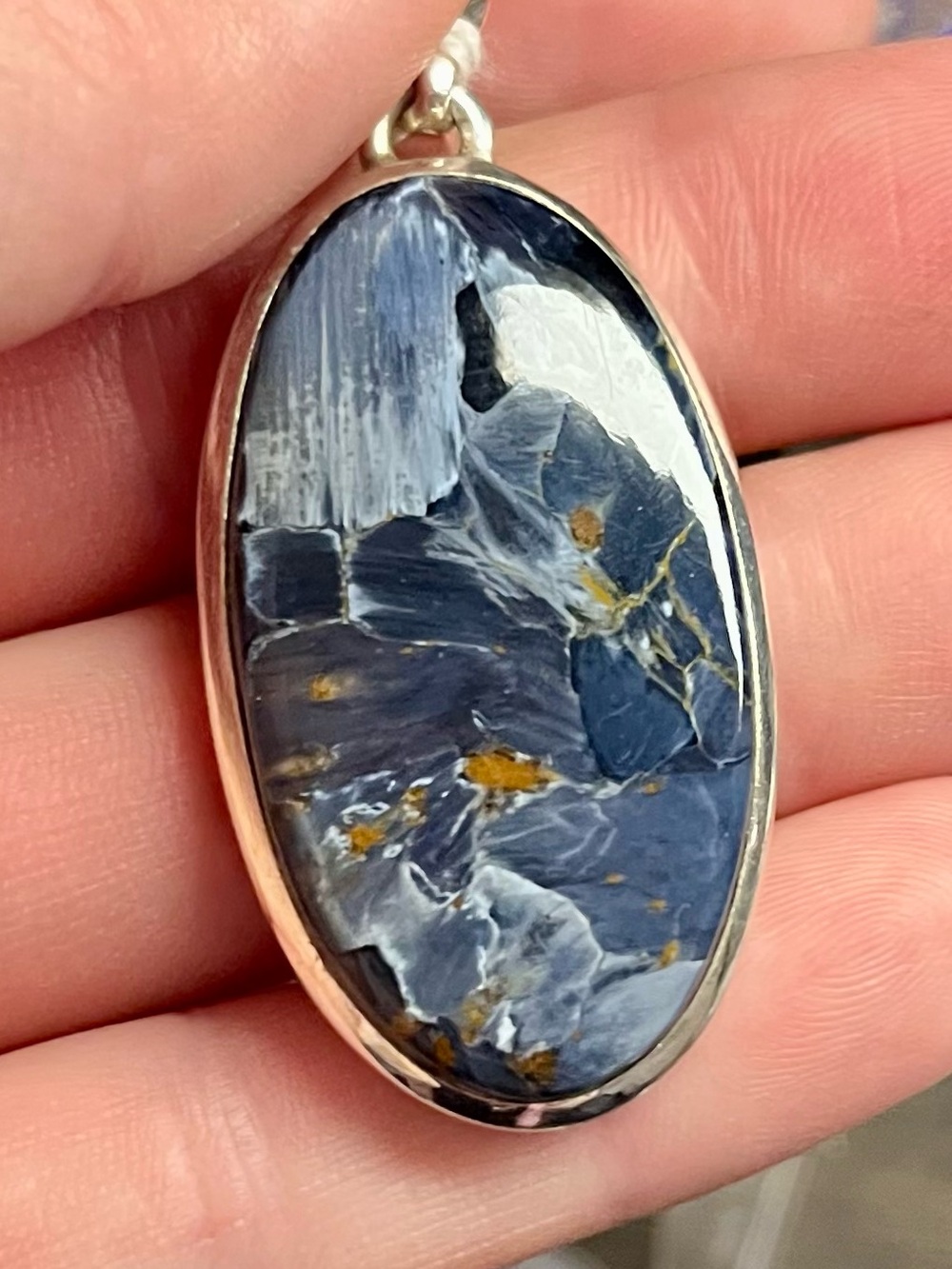 925 Silver Blue Pietersite Oval Pendant Blue Necklace high quality 18x27mm